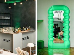 Creative agency Studio Dream collaborates with FoundPop for Schuh branded pop-up shop with green neon signage.