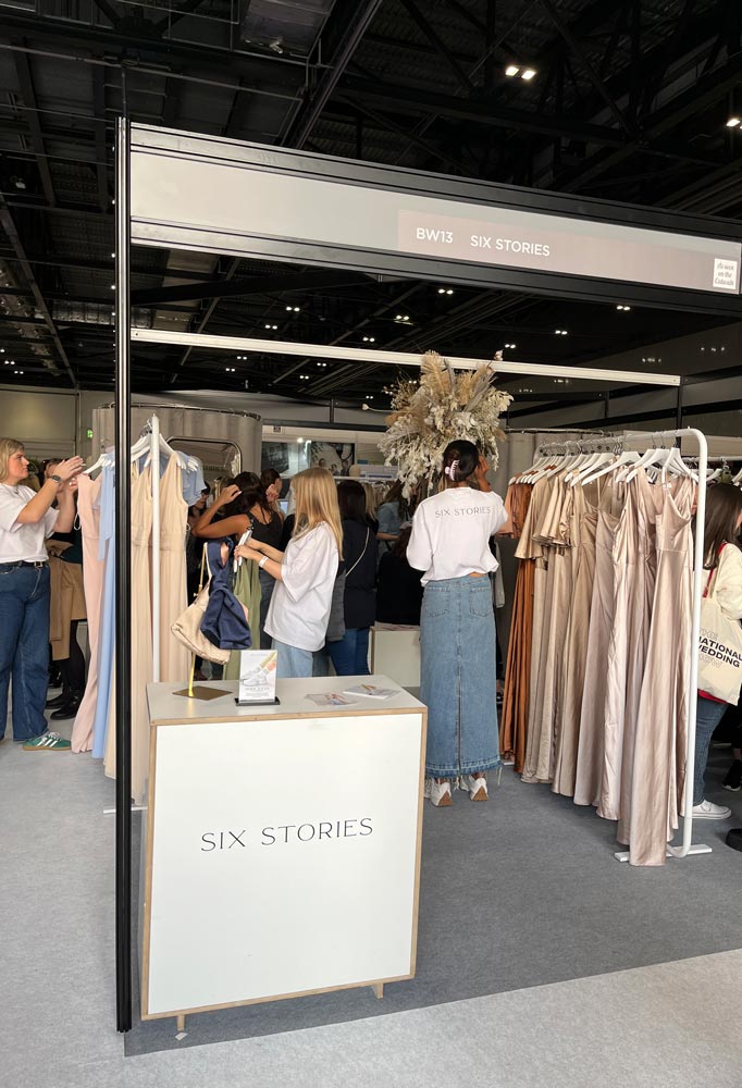 Six Stories pop-up for bridal wear, in the ExCel tradeshow space in London with FoundPop rental furniture.