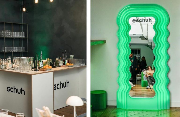 Creative agency Studio Dream collaborates with FoundPop for Schuh branded pop-up shop with green neon signage.